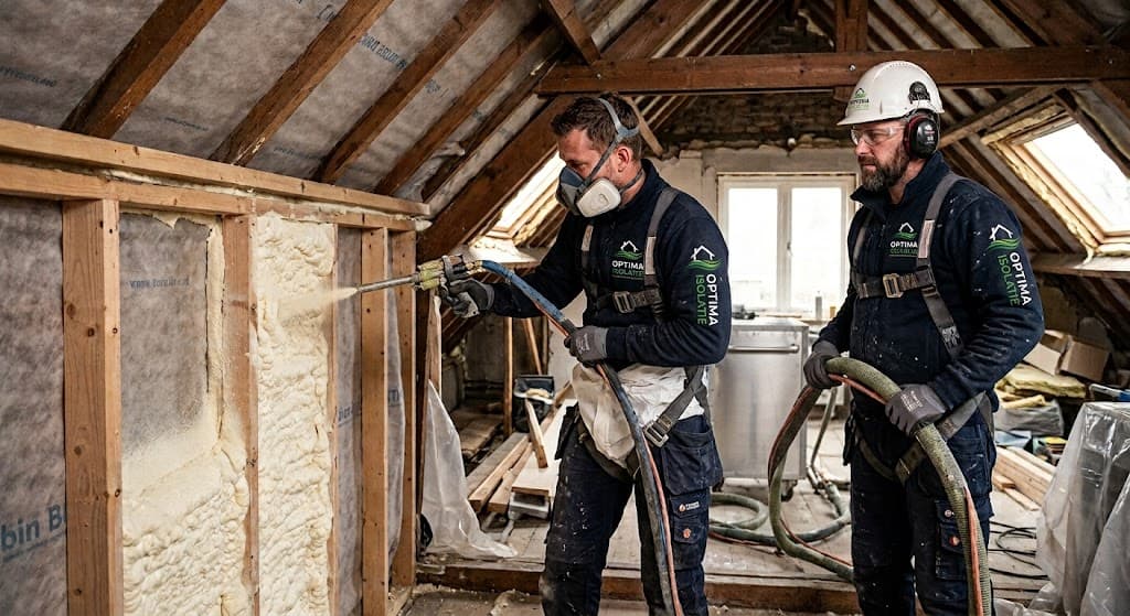 Monteur van Optima Isolatie brengt dakisolatie aan tijdens werkzaamheden